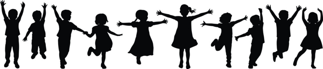 Silhouettes of joyful children jumping, playing, and holding hands in dynamic poses, expressing happiness and energy in vector illustration