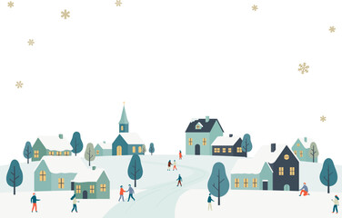 雪の結晶が舞う冬の街並みイラスト