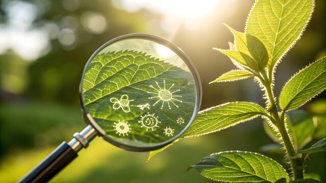 A magnifying glass reveals microorganisms on a leaf, highlighting the unseen world of bacteria and microbes in nature with sunlight