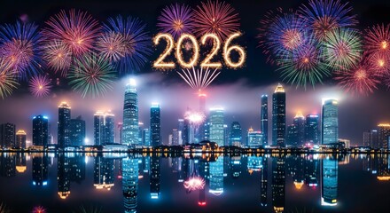 Obraz premium City Skyline Fireworks 2026 – Urban Night Celebration with Shining Towers and Reflections