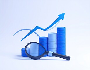 Blue chart, arrow, magnifying glass. Growth, analysis, up