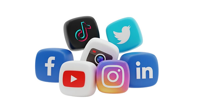 Colorful and modern 3D rendered social media icons cluster, featuring Facebook, Instagram, TikTok, YouTube, Twitter, and LinkedIn, dynamically arranged and isolated on transparent background.