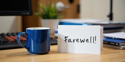 Mug and farewell card on a desk, symbolizing goodbye or transition.