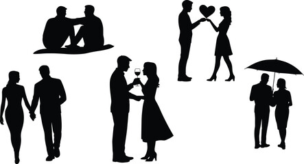 Silhouettes of romantic couples in affectionate poses—walking, toasting, gifting, sitting, and sharing umbrella—in love-themed vector illustration set