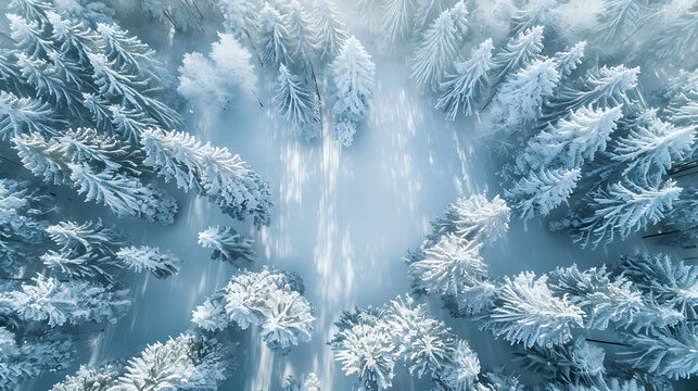 Aerial view of a snow covered forest with a winding path leading through the trees
