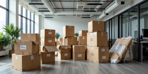 Cluttered office space filled with stacked cardboard boxes and plants.