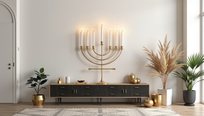 Elegant interior showcasing a menorah with plants and modern decor elements.