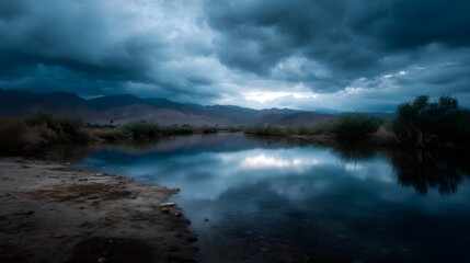 Moody desert landscape with a calm water reflection under a dramatic stormy sky at twilight