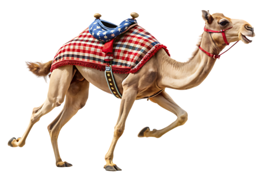 Camel, with American flag saddle blanket in full stride, cutout, PNG, isolated on white or transparent background, AI