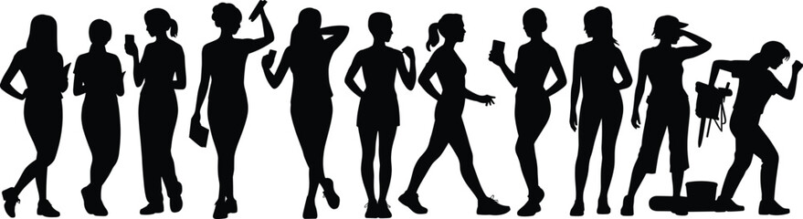 Silhouettes of Women in Various Poses with Everyday Objects, Depicting Lifestyle, Fitness, Leisure, and Modern Social Activities