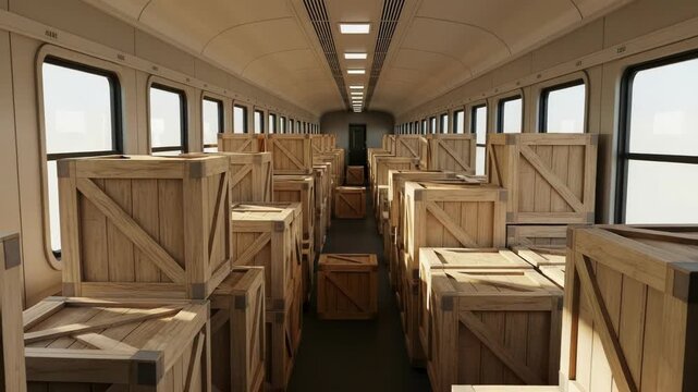 Wooden crates stacked inside a cargo train car for transport