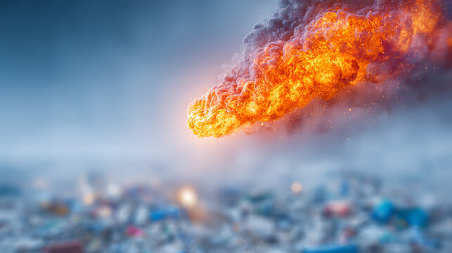 A fiery blaze emanates from a landfill, highlighting environmental pollution and waste management issues.