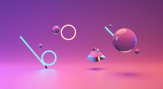 A 3D render of abstract geometric objects—spheres, a pyramid, and neon tube rings/bars—floating above a surface with vibrant pink, purple, and blue ambient lighting.