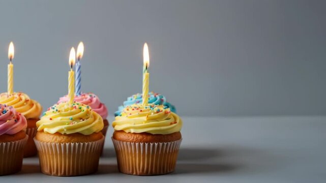 Group of cupcakes with colorful frosting, sprinkles, and lit candles against a grey backdrop