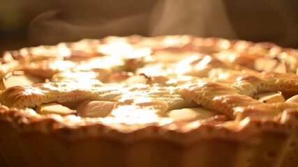 Freshly baked apple pie with steam rising. Baked dessert on a table, bokeh background, food article - Powered by Adobe
