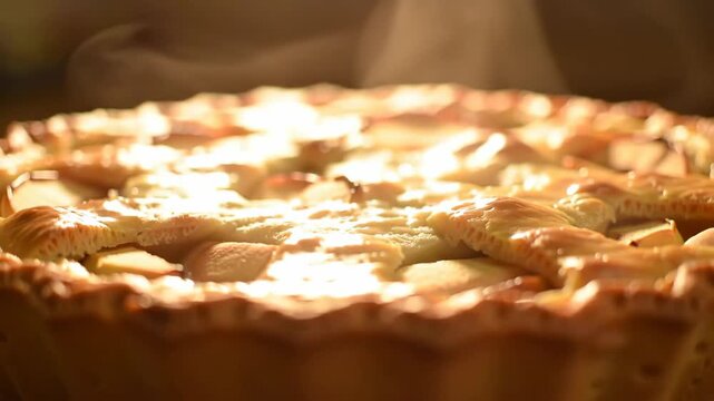 Freshly baked apple pie with steam rising. Baked dessert on a table, bokeh background, food article