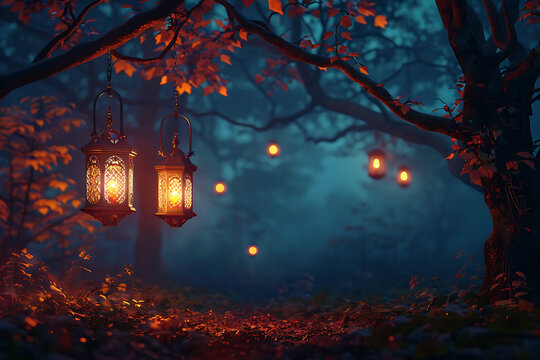 Magical glowing lanterns hanging from a tree in a dark enchanted forest at twilight