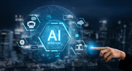 A concept of a global AI virtual assistant. This intelligent agent provides user support through...