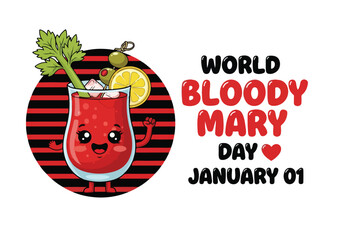 Celebrate world bloody mary day on january 01 with this cute cartoon illustration, featuring a happy cocktail glass and fun typography