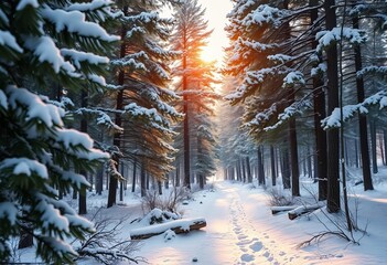 Cozy, snow-dusted pine forest with warm light filtering through branches,  evergreen,  chill