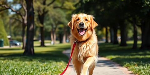 Happy golden retriever on leash, trotting through park on sunny day,  tail wagging,  dog walker