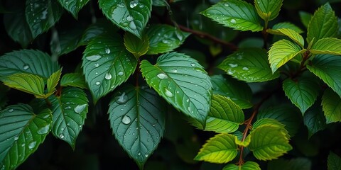 Dark green leaves glistening after a summer rain shower, water droplets clinging to vibrant foliage,  macro,  garden