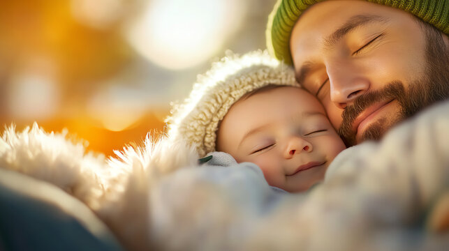 A joyful moment of a father embracing his smiling baby in a cozy winter setting, radiating warmth and love.