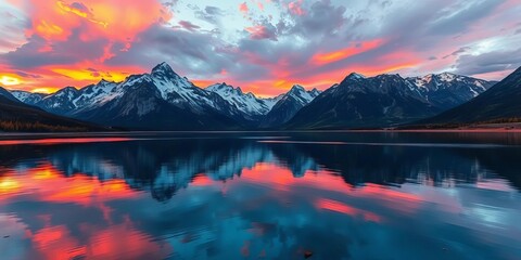Majestic mountain range at sunset, reflecting vibrant colors in a pristine lake, sky, peaks