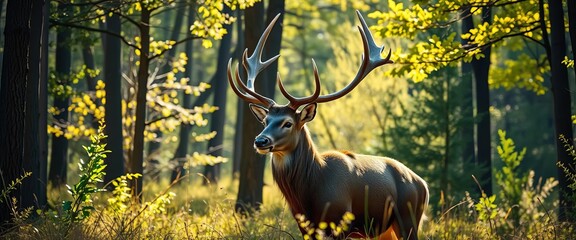 Majestic stag with antlers in sun-dappled forest, wildlife, forest