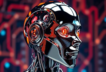 Sleek chrome robotic head, intricate circuitry visible ,  object,  design