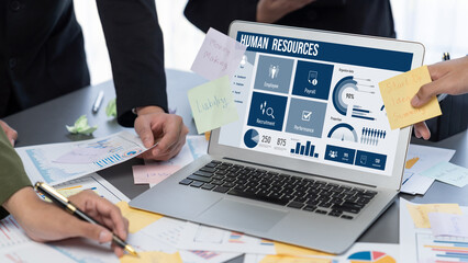 Analyst team use sticky note for creative and analytic brainstorm for business idea with BI data...