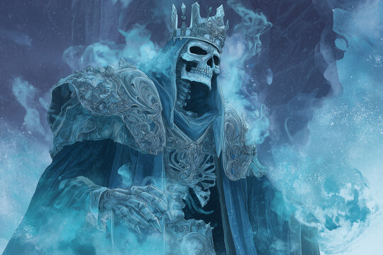 Undead lich king emerging from icy tomb.