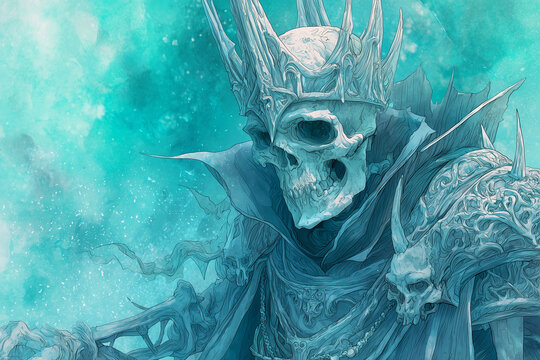 Undead lich king emerging from icy tomb.