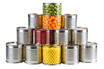 Stack of assorted canned goods, including green peas orange spheres and yellow spheres, cutout, PNG, isolated on white or transparent background, AI