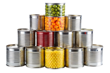 Stack of assorted canned goods, including green peas orange spheres and yellow spheres, cutout, PNG, isolated on white or transparent background, AI