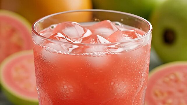 Fresh guava juice in a glass with ice cubes surrounded by guavas