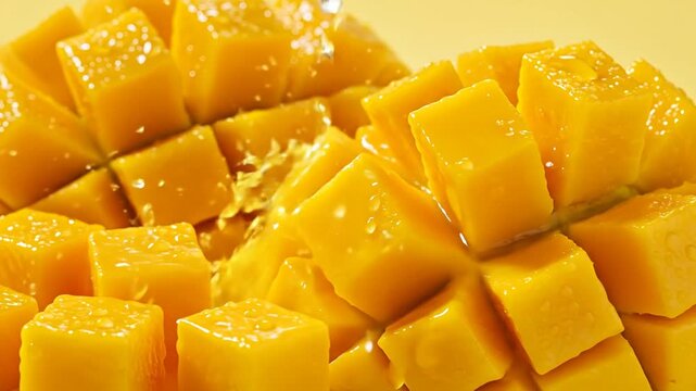 Freshly cut mango fruit ready to serve on yellow background