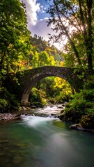 Scenic stone bridge over flowing river, surrounded by lush, colorful trees