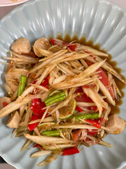 Spicy papaya with black crab Thailand called farmer crab and fresh shrimp that is famous of...