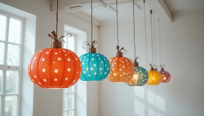 Colorful pumpkin-shaped lamps with polka dot patterns hanging in a bright minimalist room, creating a cheerful and artistic modern interior atmosphere
