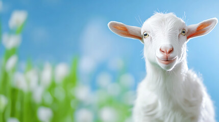 Obraz premium A playful young goat standing in a lush green field under a bright blue sky, capturing the essence of nature.