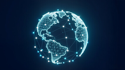 Floating abstract wireframe globe with glowing connections nodes
