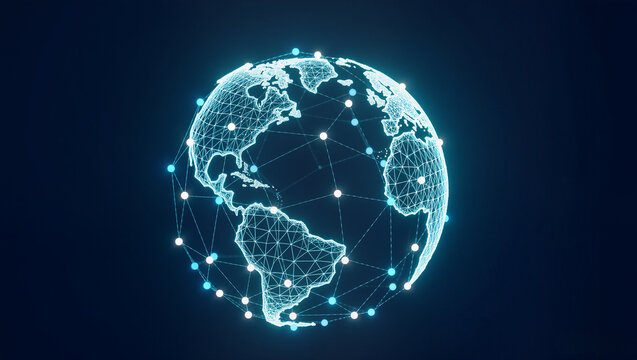 Floating abstract wireframe globe with glowing connections nodes