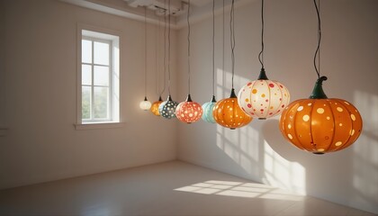 Colorful pumpkin-shaped lamps with polka dot patterns hanging in a bright minimalist room, creating a cheerful and artistic modern interior atmosphere