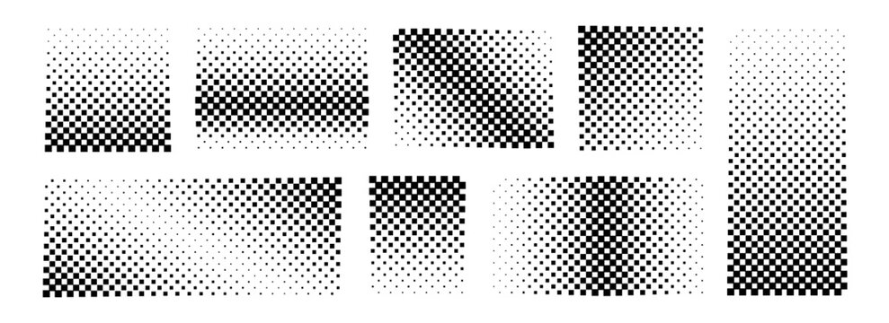 Square halftone gradient collection. Dotted texture square and rectangle patterns. Comic faded background set. Pixelated halfton element group for frame, poster, collage, banner, flyer. Vector