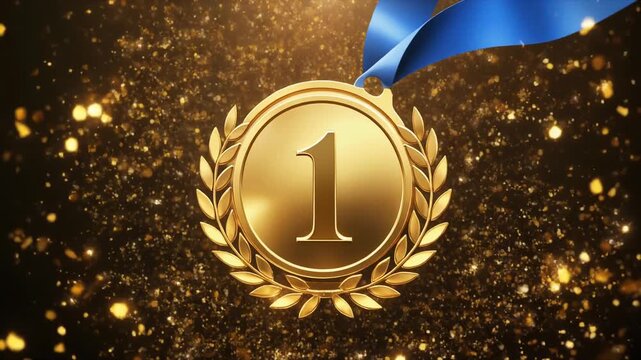 Gold medal with blue ribbon, representing first place achievement.