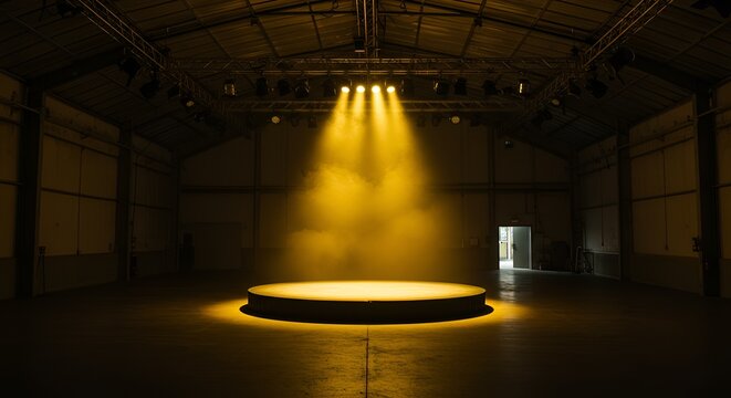A brightly lit circular stage with dramatic spotlights creating a smoky, theatrical atmosphere