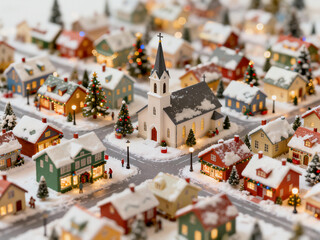 An aerial view of a detailed miniature Christmas village model covered in artificial snow. A white church with a spire stands prominently among the lit houses and tiny Christmas trees.