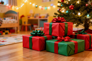A close-up shot of several Christmas presents wrapped in red and green paper with festive ribbons sitting on a wooden floor underneath a decorated Christmas tree in a child's bedroom.