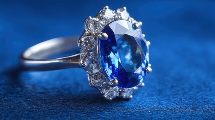A stunning blue sapphire ring is showcased with diamond accents against a deep blue fabric backdrop.